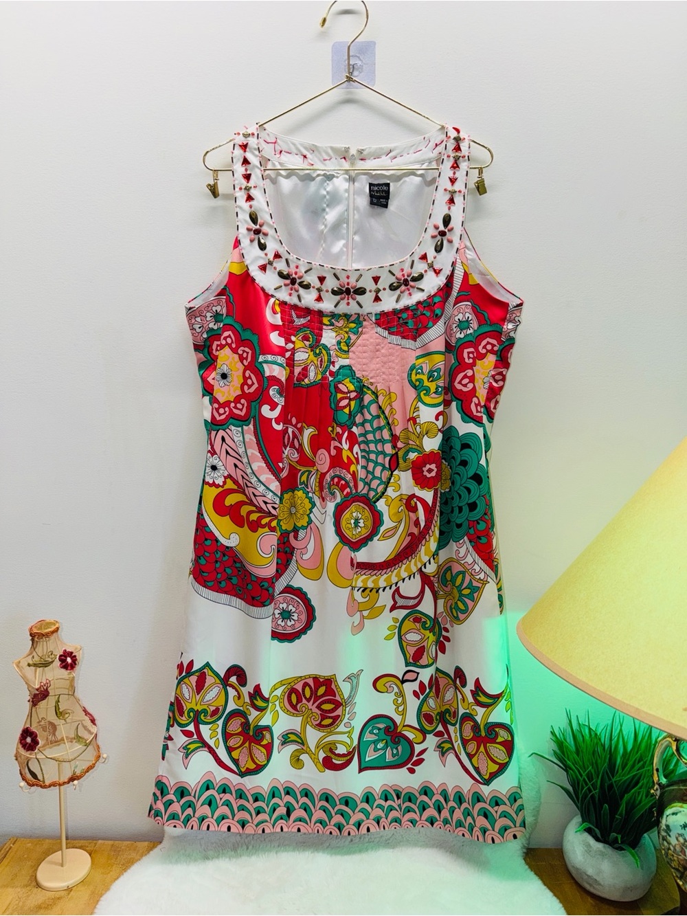 Nicole Miller White Red Pink Multi-Color Paisley Floral Sleeveless Dress 🌹